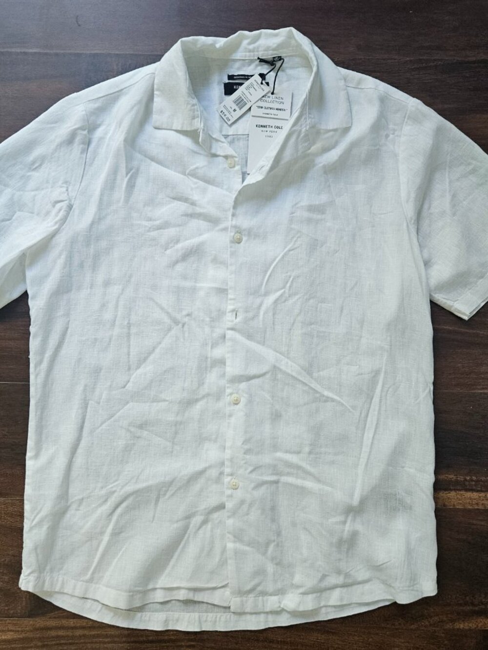 Kenneth Cole White Linen Mens Shirt M Button Down Classic Short Sleeves NEW